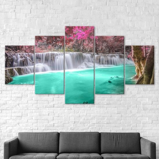 Beautiful Waterfall Scenery Painting 5 Piece Five Panel Canvas Print Modern Poster Wall Art Decor 2