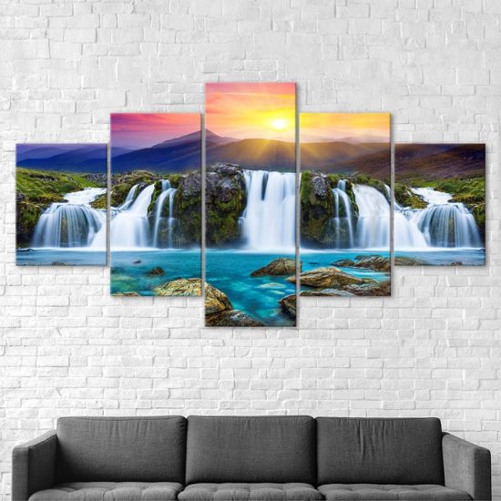 Beautiful Waterfall Sunset Mountains Scenery 5 Piece Five Panel Wall Canvas Print Modern Poster Wall Art Decor 2