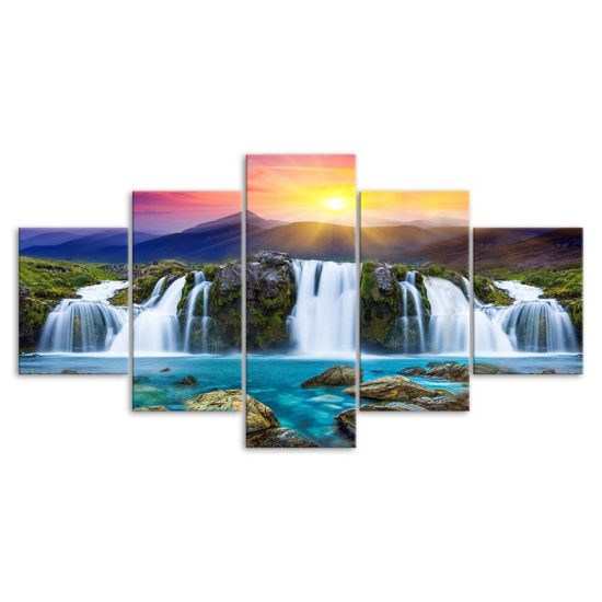 Beautiful Waterfall Sunset Mountains Scenery 5 Piece Five Panel Wall Canvas Print Modern Poster Wall Art Decor 3