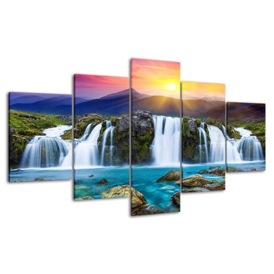 Beautiful Waterfall Sunset Mountains Scenery 5 Piece Five Panel Wall Canvas Print Modern Poster Wall Art Decor 4