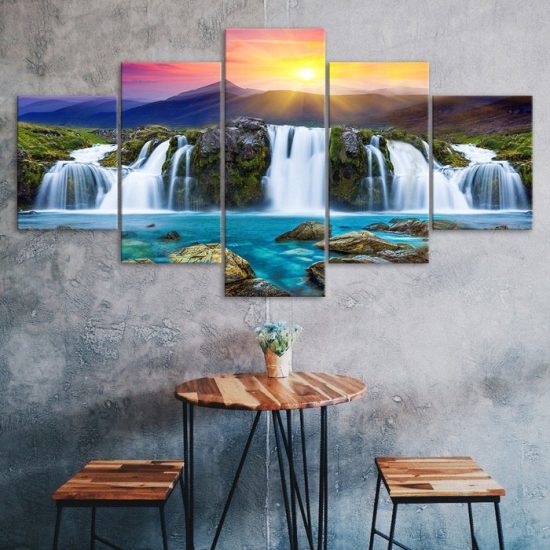 Beautiful Waterfall Sunset Mountains Scenery 5 Piece Five Panel Wall Canvas Print Modern Poster Wall Art Decor