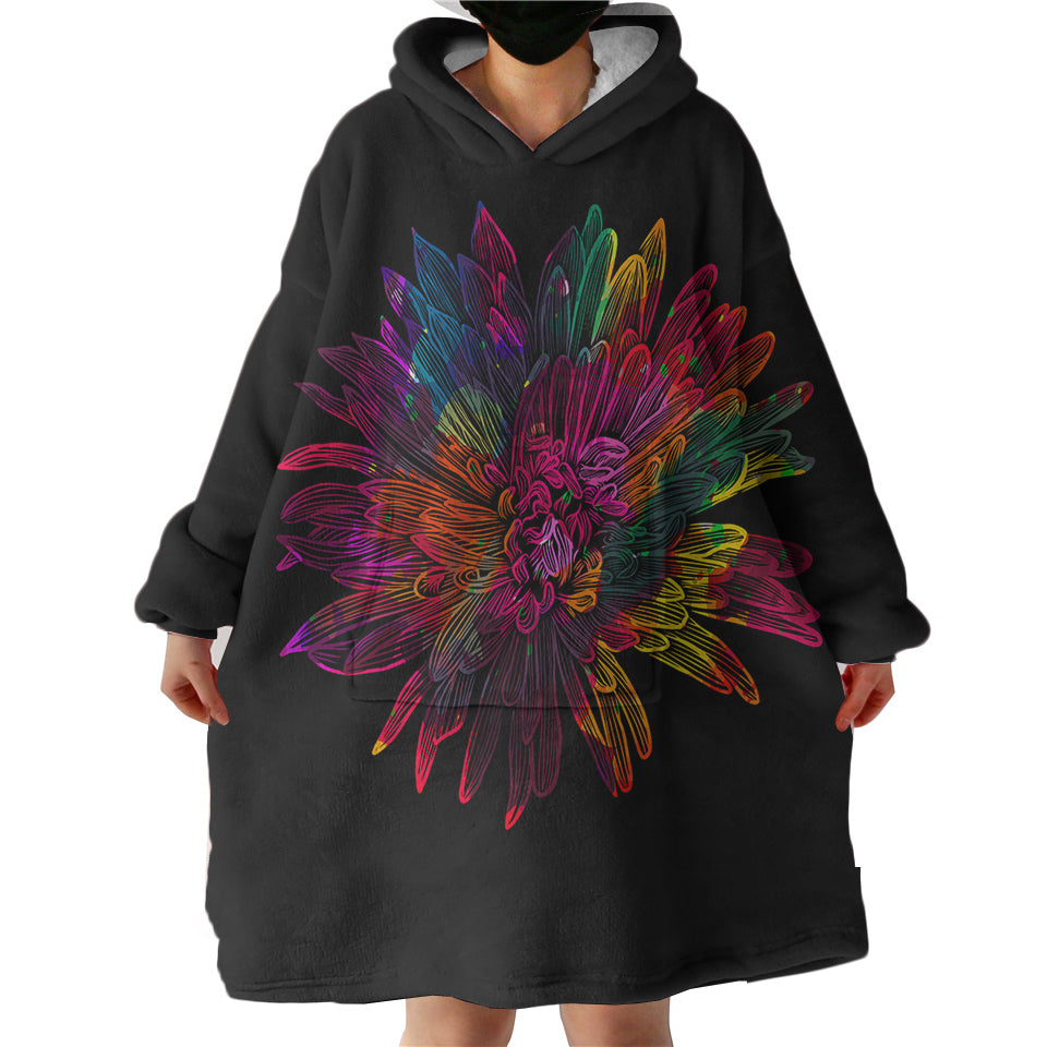 Big-Colorful-Flower-Black-Theme-Hoodie-Wearable-Blanket-WB0323 Big Colorful Flower Black Theme Hoodie Wearable Blanket WB0323