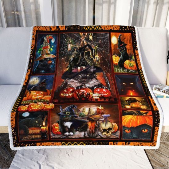 Black Cat And Pumpkin Trick Or Treat Happy Halloween Premium Comfy Sofa Throw Blanket