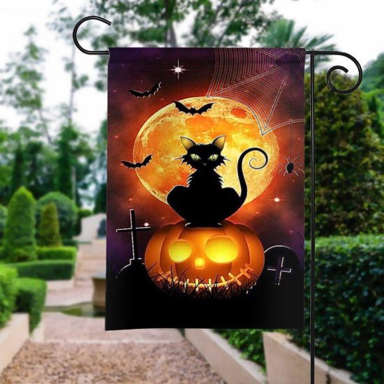 Black Cat With Pumpkin Under The Moon Halloween Personalized Garden Flag House Flag Double Sided Home Design Outdoor Porch