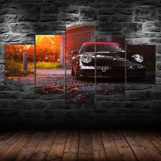 Black Luxury Sports Car Sunset Scene Canvas 5 Piece Five Panel Print Modern Wall Art Poster Wall Art Decor 1