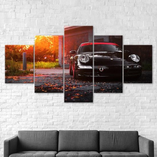 Black Luxury Sports Car Sunset Scene Canvas 5 Piece Five Panel Print Modern Wall Art Poster Wall Art Decor 2