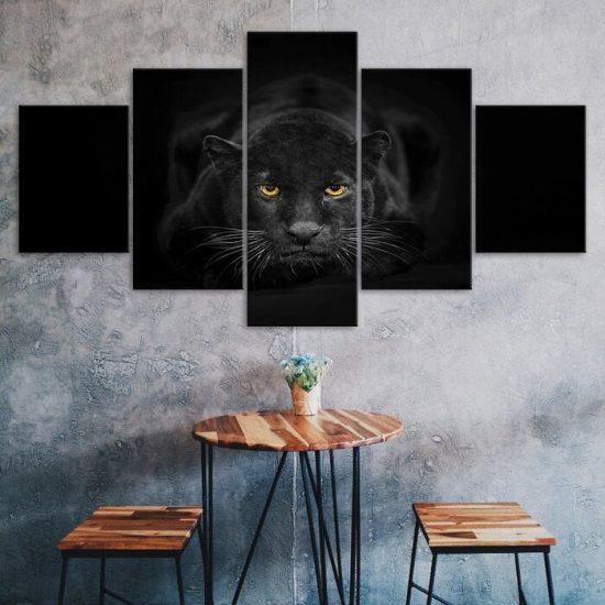 Black Panther Wild Animal 5 Piece Five Panel Wall Canvas Print Modern Pictures Home Decor