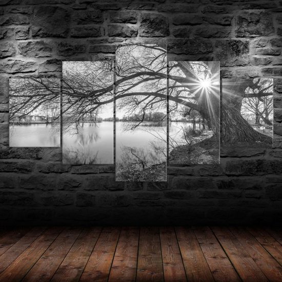 Black and White Tree in Lake Canvas 5 Piece Five Panel Wall Print Modern Poster Wall Art Decor 1