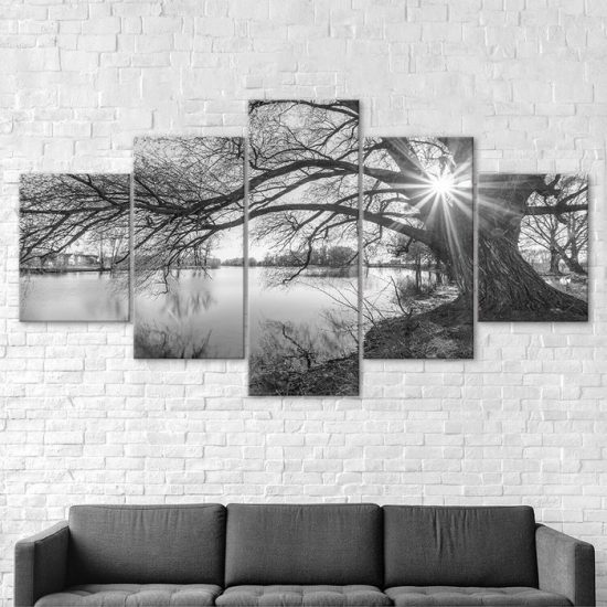 Black and White Tree in Lake Canvas 5 Piece Five Panel Wall Print Modern Poster Wall Art Decor 2