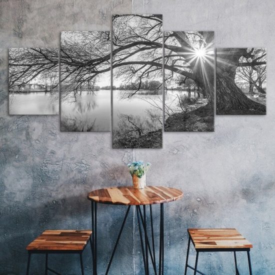 Black and White Tree in Lake Canvas 5 Piece Five Panel Wall Print Modern Poster Wall Art Decor