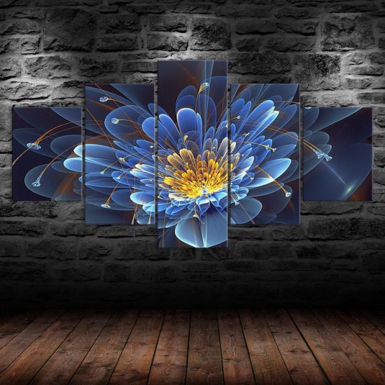 Blue Lotus Flower 3D Scene Painting 5 Piece Five Panel Wall Canvas Print Modern Art Poster Wall Art Decor 1