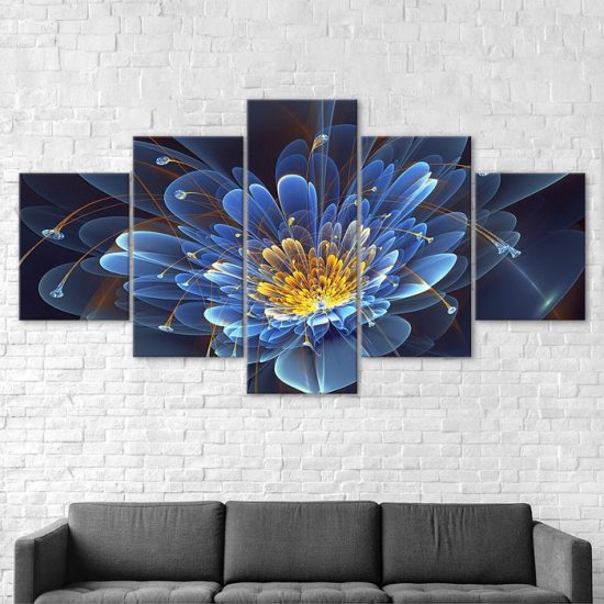 Blue Lotus Flower 3D Scene Painting 5 Piece Five Panel Wall Canvas Print Modern Art Poster Wall Art Decor 2