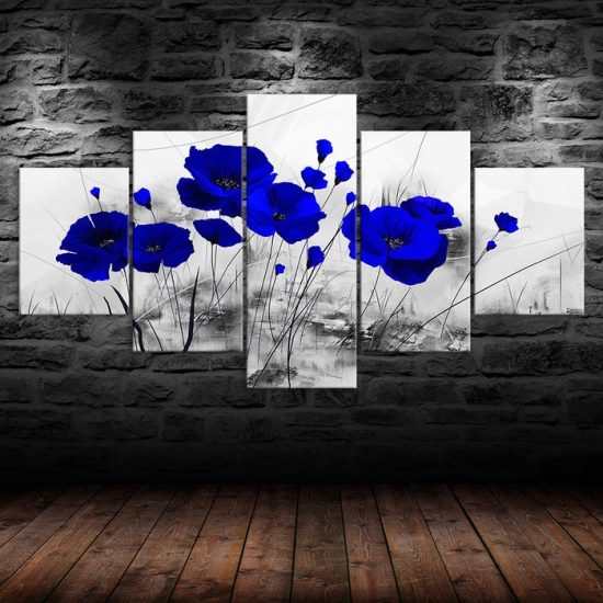 Blue Poppy Flower Plant Abstract Scene 5 Piece Five Panel Wall Canvas Print Modern Art Poster Wall Art Decor 1