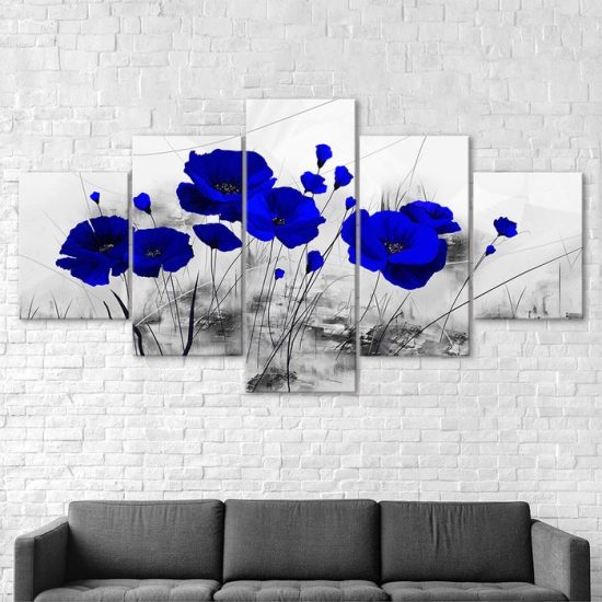 Blue Poppy Flower Plant Abstract Scene 5 Piece Five Panel Wall Canvas Print Modern Art Poster Wall Art Decor 2