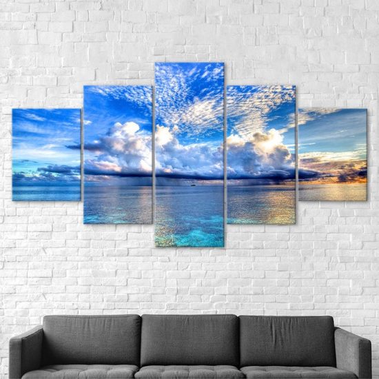 Blue Sky White Clouds Sea View 5 Piece Five Panel Wall Canvas Print Modern Art Poster Wall Art Decor 2