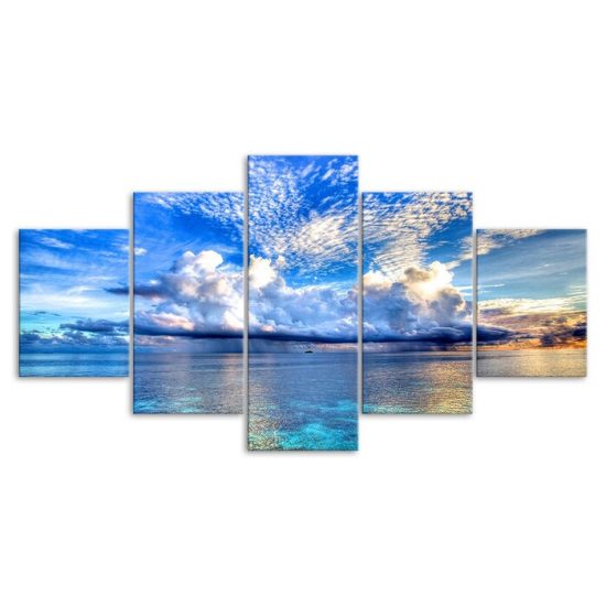 Blue Sky White Clouds Sea View 5 Piece Five Panel Wall Canvas Print Modern Art Poster Wall Art Decor 3