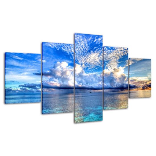 Blue Sky White Clouds Sea View 5 Piece Five Panel Wall Canvas Print Modern Art Poster Wall Art Decor 4