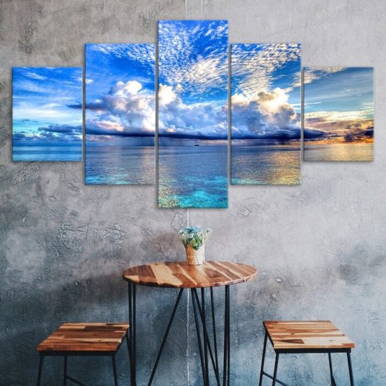 Blue Sky White Clouds Sea View 5 Piece Five Panel Wall Canvas Print Modern Art Poster Wall Art Decor