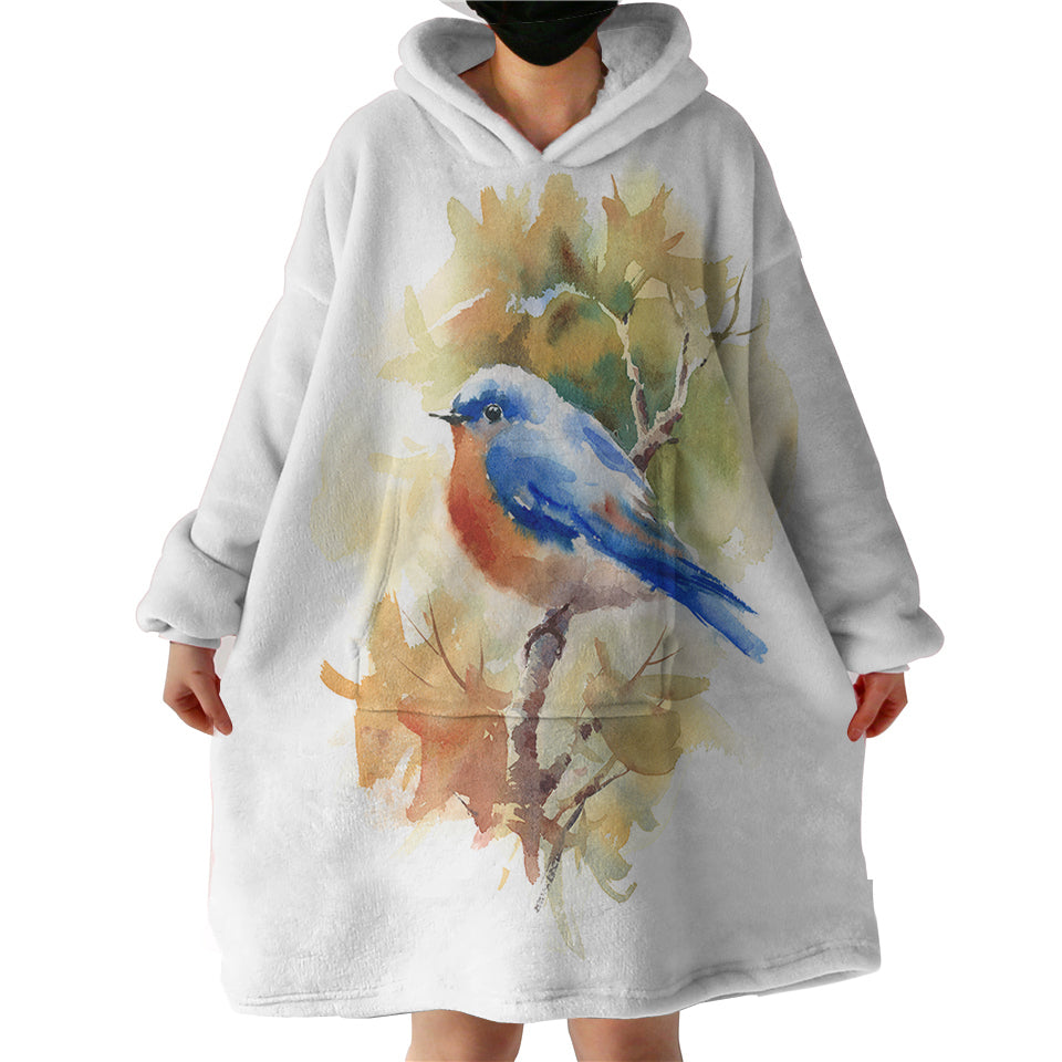 Blue-Sparrow-White-Theme-Watercolor-Painting-Hoodie-Wearable-Blanket-WB0701 Blue Sparrow White Theme Watercolor Painting Hoodie Wearable Blanket WB0701