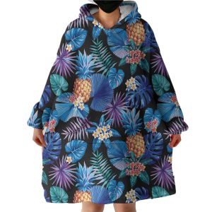 Blue Tint Tropical Leaves Hoodie Wearable Blanket WB0142