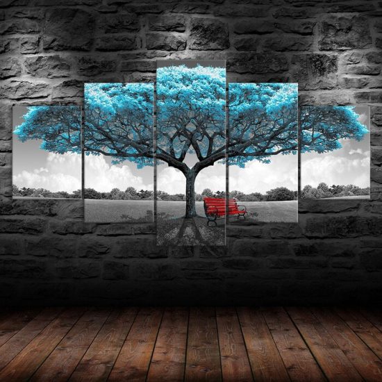 Blue Tree Red Bench Art Scenery Painting 5 Piece Five Panel Wall Canvas Print Modern Art Poster Wall Art Decor 1