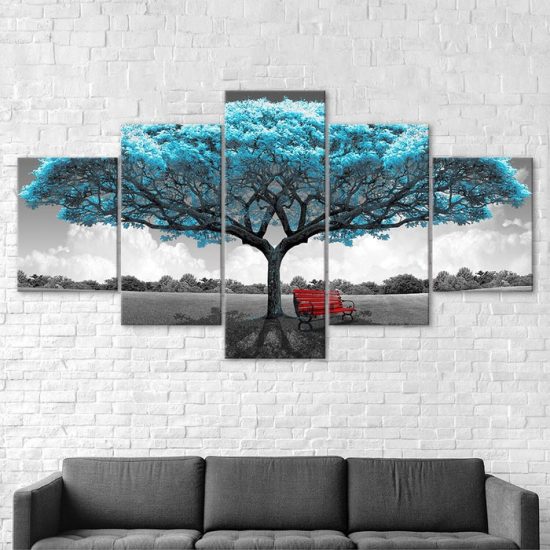 Blue Tree Red Bench Art Scenery Painting 5 Piece Five Panel Wall Canvas Print Modern Art Poster Wall Art Decor 2