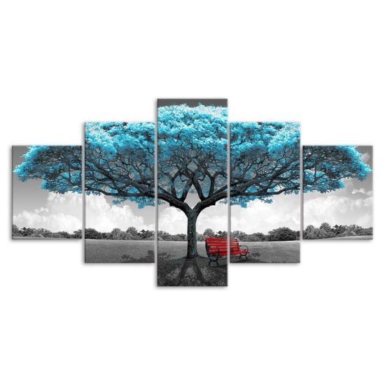 Blue Tree Red Bench Art Scenery Painting 5 Piece Five Panel Wall Canvas Print Modern Art Poster Wall Art Decor 3