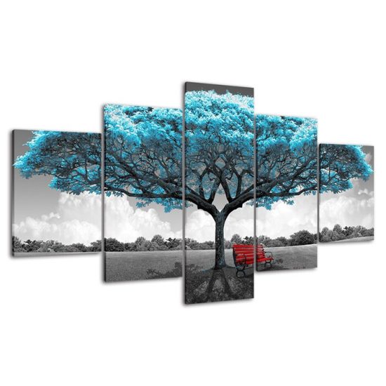 Blue Tree Red Bench Art Scenery Painting 5 Piece Five Panel Wall Canvas Print Modern Art Poster Wall Art Decor 4