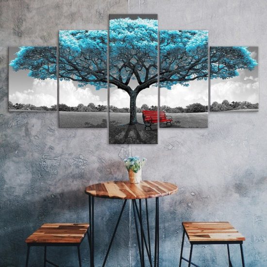 Blue Tree Red Bench Art Scenery Painting 5 Piece Five Panel Wall Canvas Print Modern Art Poster Wall Art Decor