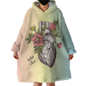 Boho Chic Vintage Floral Heart Sketch Hoodie Wearable Blanket WB0355