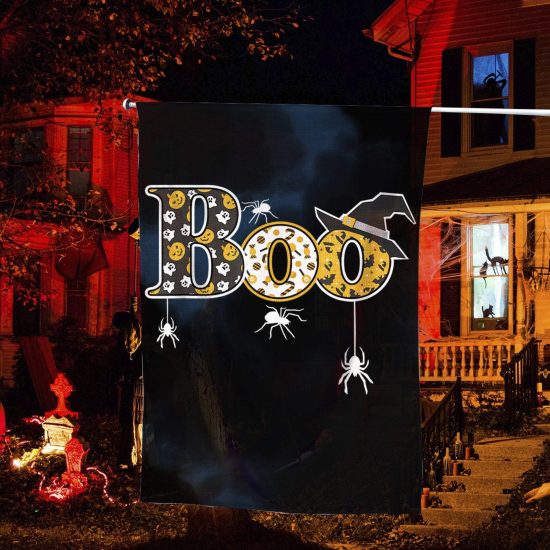 Boo With Spiders And Witch Hat Halloween Personalized Garden Flag House Flag Double Sided Home Design Outdoor Porch