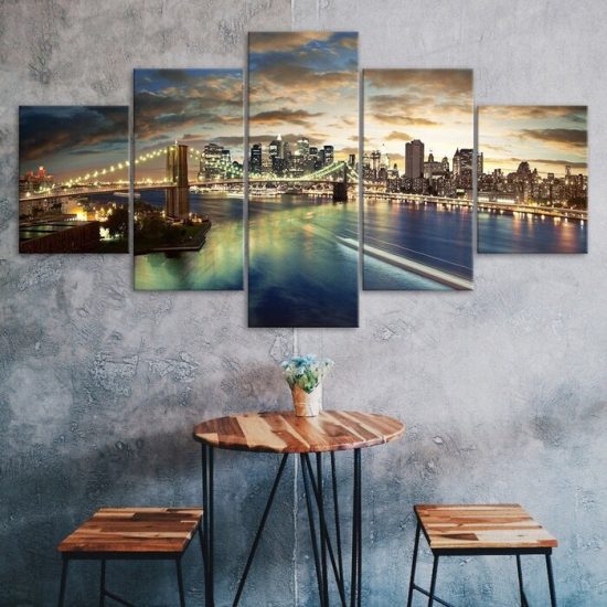 Brooklyn Bridge Manhattan New York Scenery 5 Piece Five Panel Wall Canvas Print Modern Poster Wall Art Decor