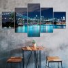 Brooklyn Bridge Manhattan Night City Scenery 5 Piece Five Panel Wall Canvas Print Modern Art Poster Wall Art Decor