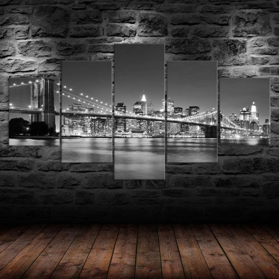 Brooklyn Bridge Night View Cityscape Black White Picture 5 Piece Five Panel Wall Canvas Print Modern Poster Wall Art Decor 1