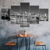 Brooklyn Bridge Night View Cityscape Black White Picture 5 Piece Five Panel Wall Canvas Print Modern Poster Wall Art Decor