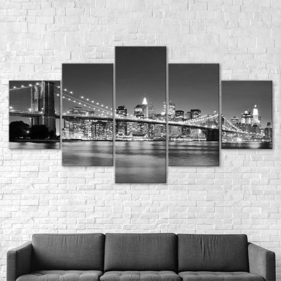 Brooklyn Bridge Night View Cityscape Black White Picture 5 Piece Five Panel Wall Canvas Print Modern Poster Wall Art Decor 2