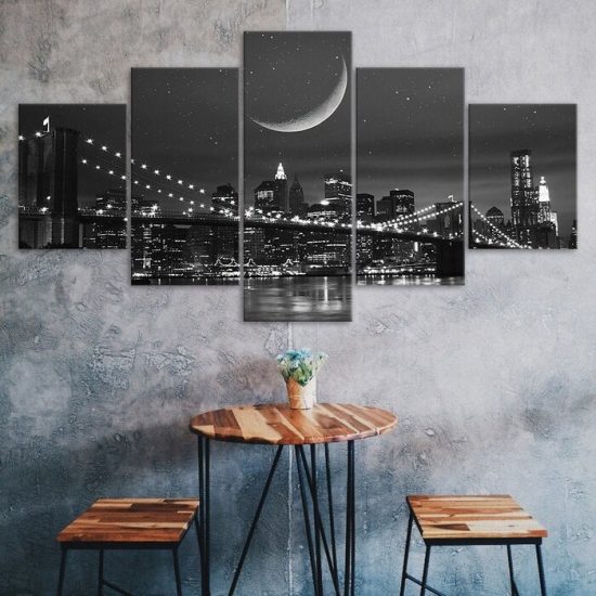 Brooklyn Bridge Starry Sky Moon Black White Picture 5 Piece Five Panel Wall Canvas Print Modern Poster Wall Art Decor