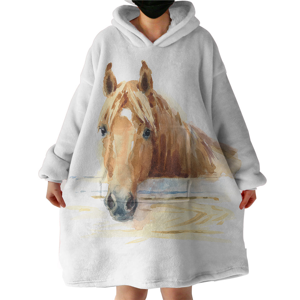 Brown-Horse-Watercolor-Painting-Hoodie-Wearable-Blanket-WB0696 Brown Horse Watercolor Painting Hoodie Wearable Blanket WB0696