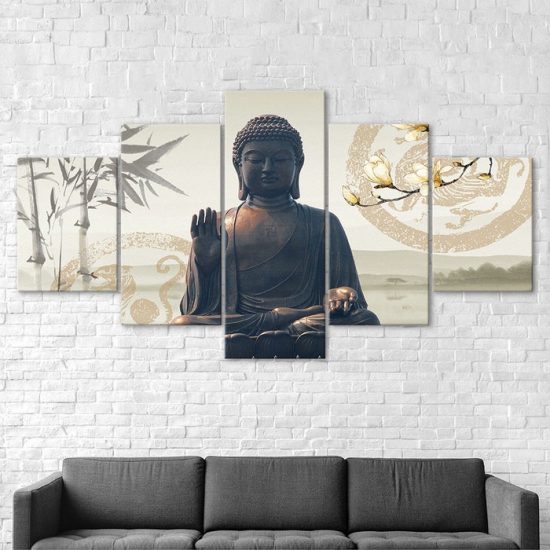 Buddha Blessing Meditation Scene 5 Piece Five Panel Wall Canvas Print Modern Art Poster Wall Art Decor 2