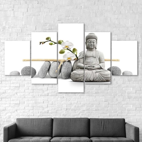 Buddha Statue White Orchid Flowers 5 Piece Five Panel Wall Canvas Print Modern Art Poster Wall Art Decor 2
