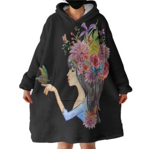 Butterfly Standing On Hand Of Floral Hair Lady Hoodie Wearable Blanket WB0678