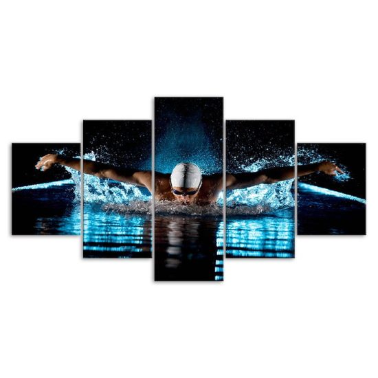 Butterfly Stroke Swimming Sport Picture 5 Piece Five Panel Wall Canvas Print Modern Poster Wall Art Decor 3