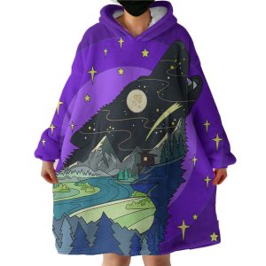 Cartoon Night Landscape Wolf Shape Hoodie Wearable Blanket WB0525