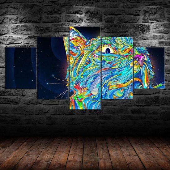 Cat Face Psychedelic Scene Abstract Art 5 Piece Five Panel Wall Canvas Print Modern Poster Picture Home Decor 1