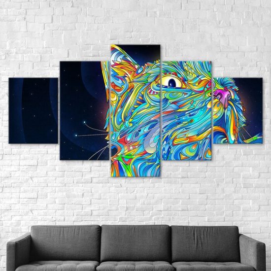 Cat Face Psychedelic Scene Abstract Art 5 Piece Five Panel Wall Canvas Print Modern Poster Picture Home Decor 2