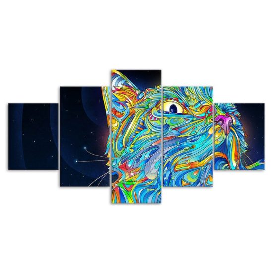 Cat Face Psychedelic Scene Abstract Art 5 Piece Five Panel Wall Canvas Print Modern Poster Picture Home Decor 3