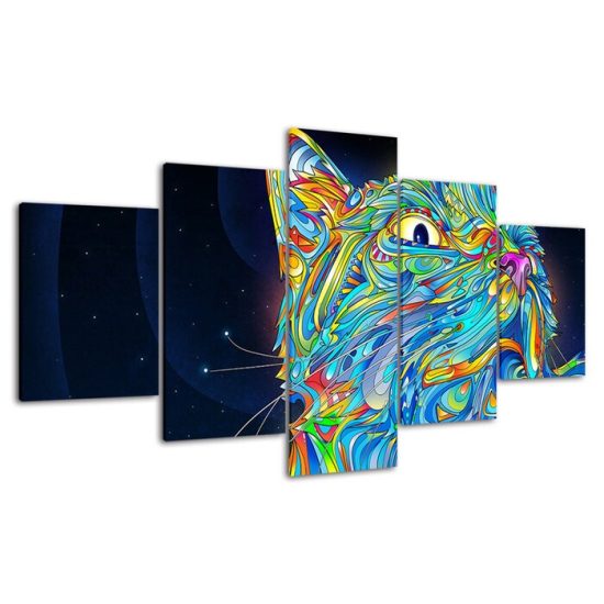 Cat Face Psychedelic Scene Abstract Art 5 Piece Five Panel Wall Canvas Print Modern Poster Picture Home Decor 4