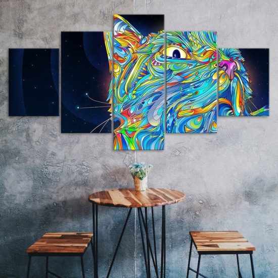 Cat Face Psychedelic Scene Abstract Art 5 Piece Five Panel Wall Canvas Print Modern Poster Picture Home Decor