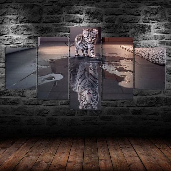 Cat Kitten Tiger Reflection Scene 5 Piece Five Panel Wall Canvas Print Modern Art Poster Wall Art Decor 1