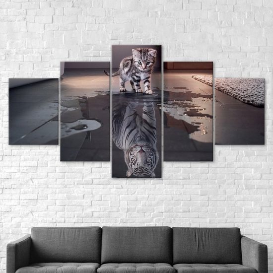 Cat Kitten Tiger Reflection Scene 5 Piece Five Panel Wall Canvas Print Modern Art Poster Wall Art Decor 2